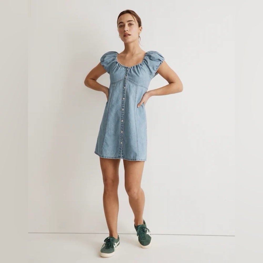 Madewell Chambray Denim Mini Dress Size 2 Puff Sleeve Button Front Cottagecore